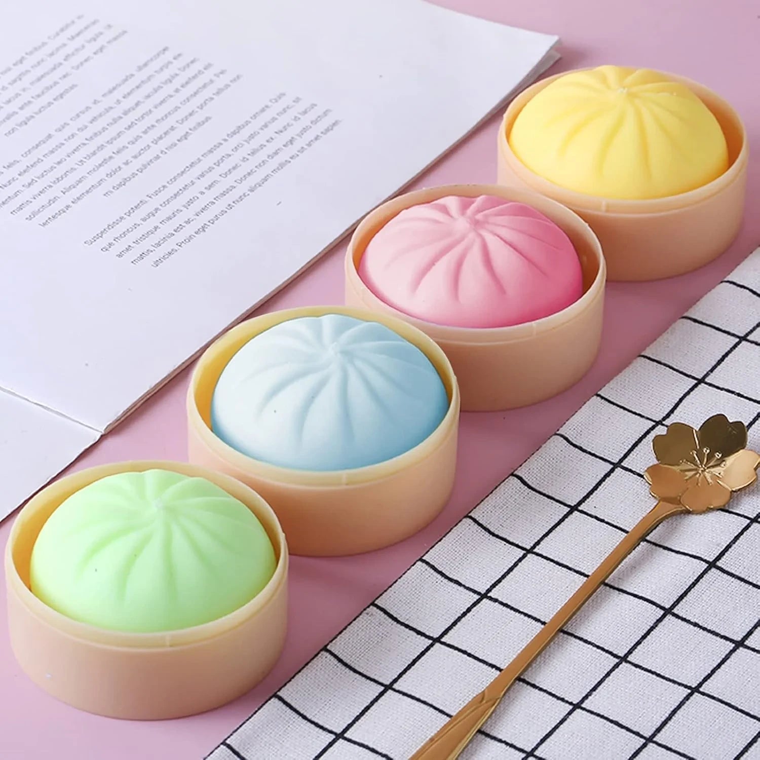 MEIEST 4 PCS Colorful Dumpling Stress Balls Fidget Sensory Toy,Squeeze Dough Ball Stress Relief Hand Toy,Bun with Food Steamer Stretchy Desk Toys