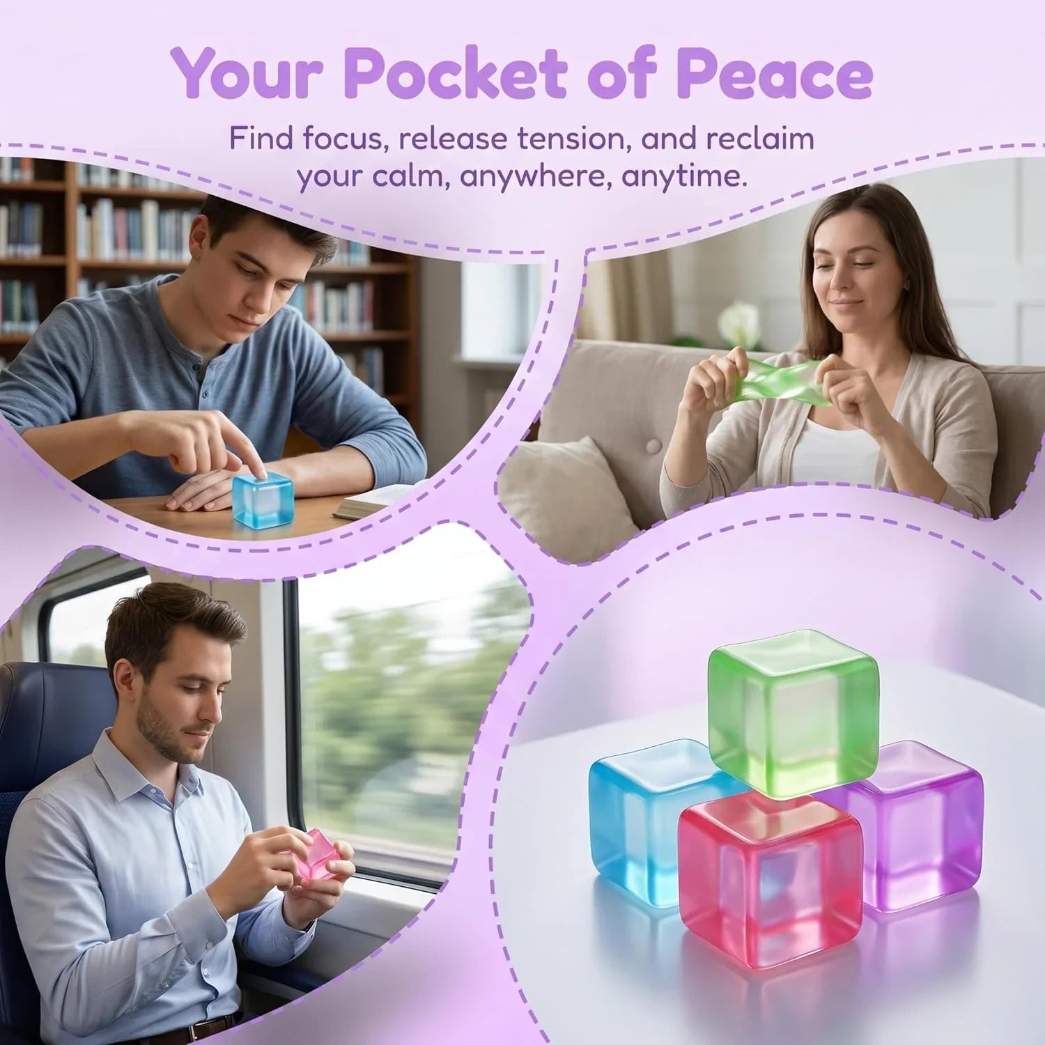 4 Pack Ice Cube Squishy, Slow Rising Fidget for Adults, Sensory Square Shape Stress Balls for Anxiety Relief Classroom Prizes Birthday Gifts Office School