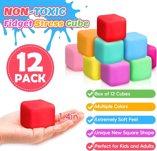 12 Pack Slow Rising Stress Cube, Dough Stress Balls Squishy Fidget Toys for Anxiety Relief, Soft Fidget Cube, Pull Stretch Squishy Toys for Classroom Prize, Party Favors for Kids Adults