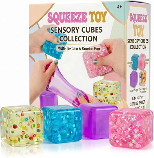 A Set of 4 Compression Squeezing , Soft Stress-Relieving Toys, Four-Color Textured Toys that Help Relieve Anxiety, and a Portable Cubic Squeezing Toy that Helps Concentrate and Relax the Body.