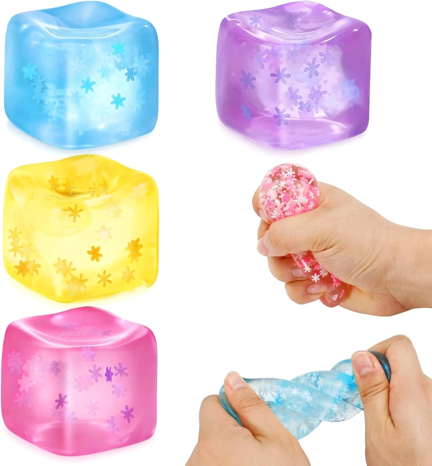 Fidget Toy Stress Cube- 4 Pack Sensory Squeeze Toys, Slow Rising Squishy Cube Filled with Thick Substance and Snowflakes Crafts, Anxiety Stress Relief Calming Tool for Adults and Kids - US 9685