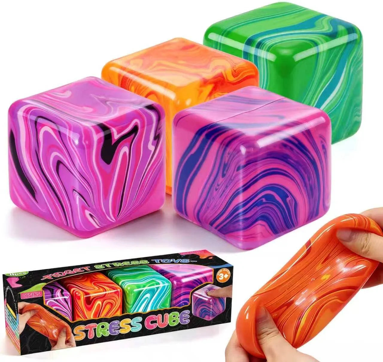 4 Pcs Stress Cube Squishies Fidget Toys, Ice Cube Shape Squeeze Toys, Slow Rise Stress Balls Sensory Toy for Kids Adults with Autism, Stress Relief Classroom Prize, Easter Basket Stuffers - US 7017