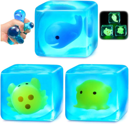 Squishy Stress Cube Fidget Toys Adults - Glow in The Dark Sensory Toys for Kids with Autism Stress Balls for Kids Teens Squeeze Toys for Anxiety Easter Basket Stuffers - US 9169