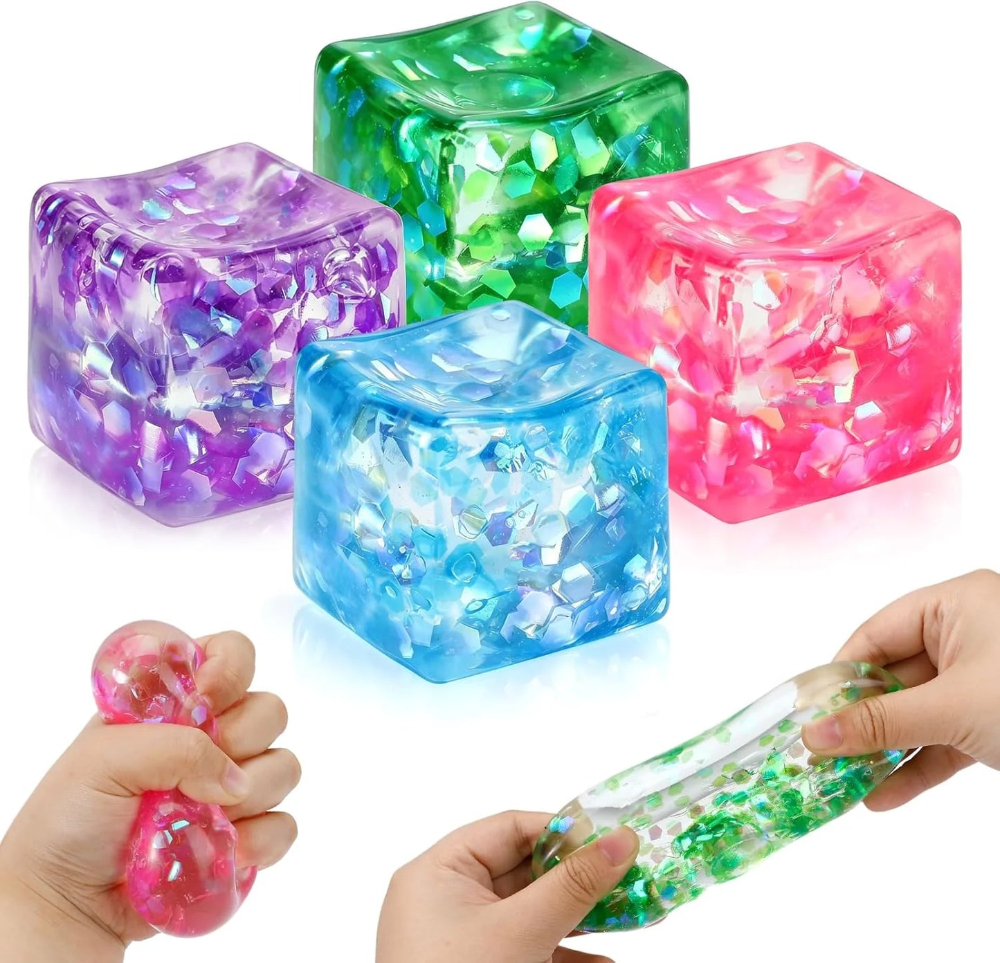 4 Pack Glitter Ice Cube Squishy, Slow Rising Stress Relief Toys, Square Stree Balls Fidget Toys for Adults Boys Girls, Squeeze Ball Sensory Toys for Kids with Autism, Party Favors Gifts - US 3459