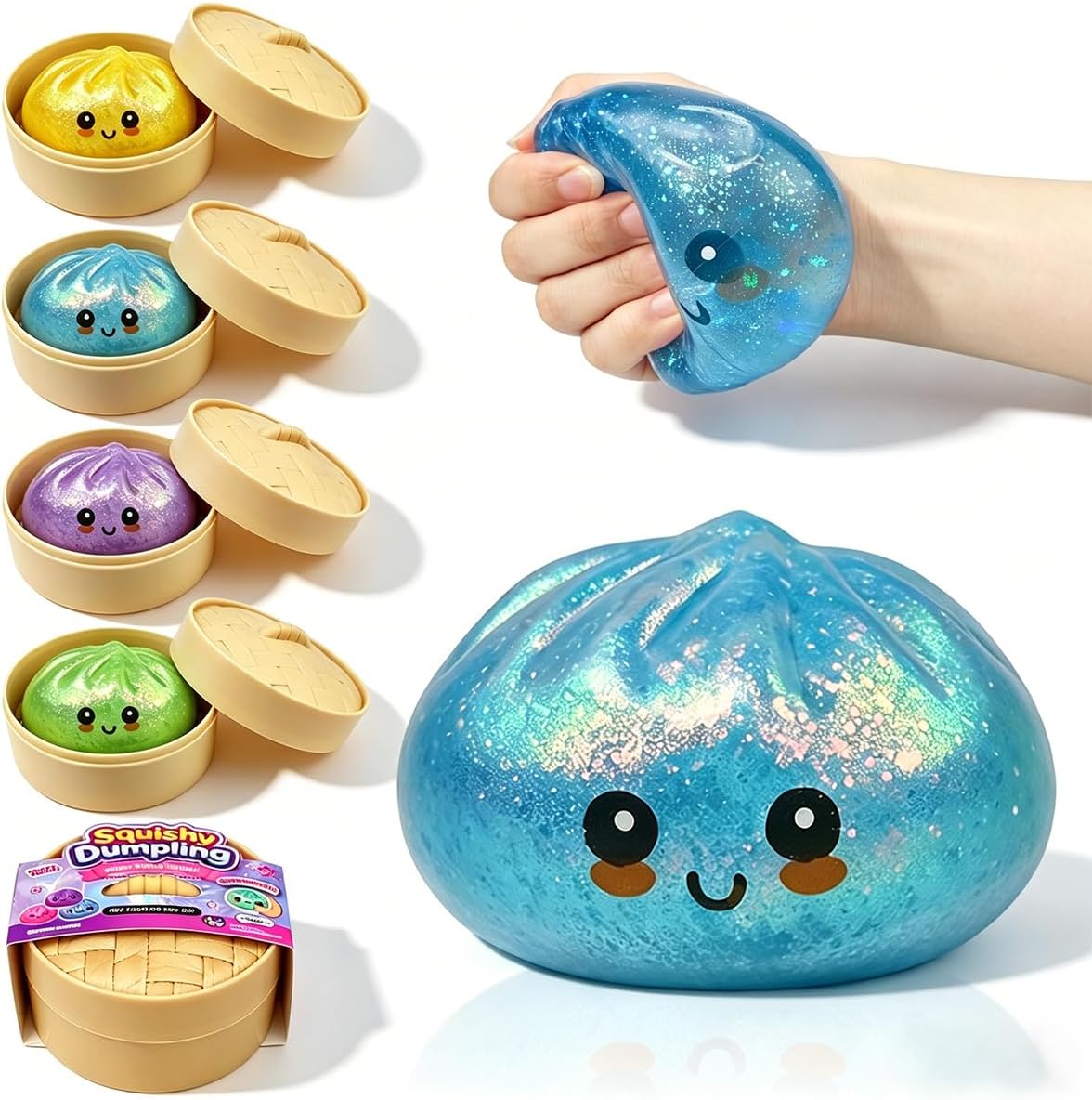 Anditoy Dumpling Stress Balls Glitter Squishy Toys Giant Squishy Mystery Box Squeeze Toys for Adults Stress Relief Desk Toys Kids Party Favors Birthday Gifts (Blue) - US 7480
