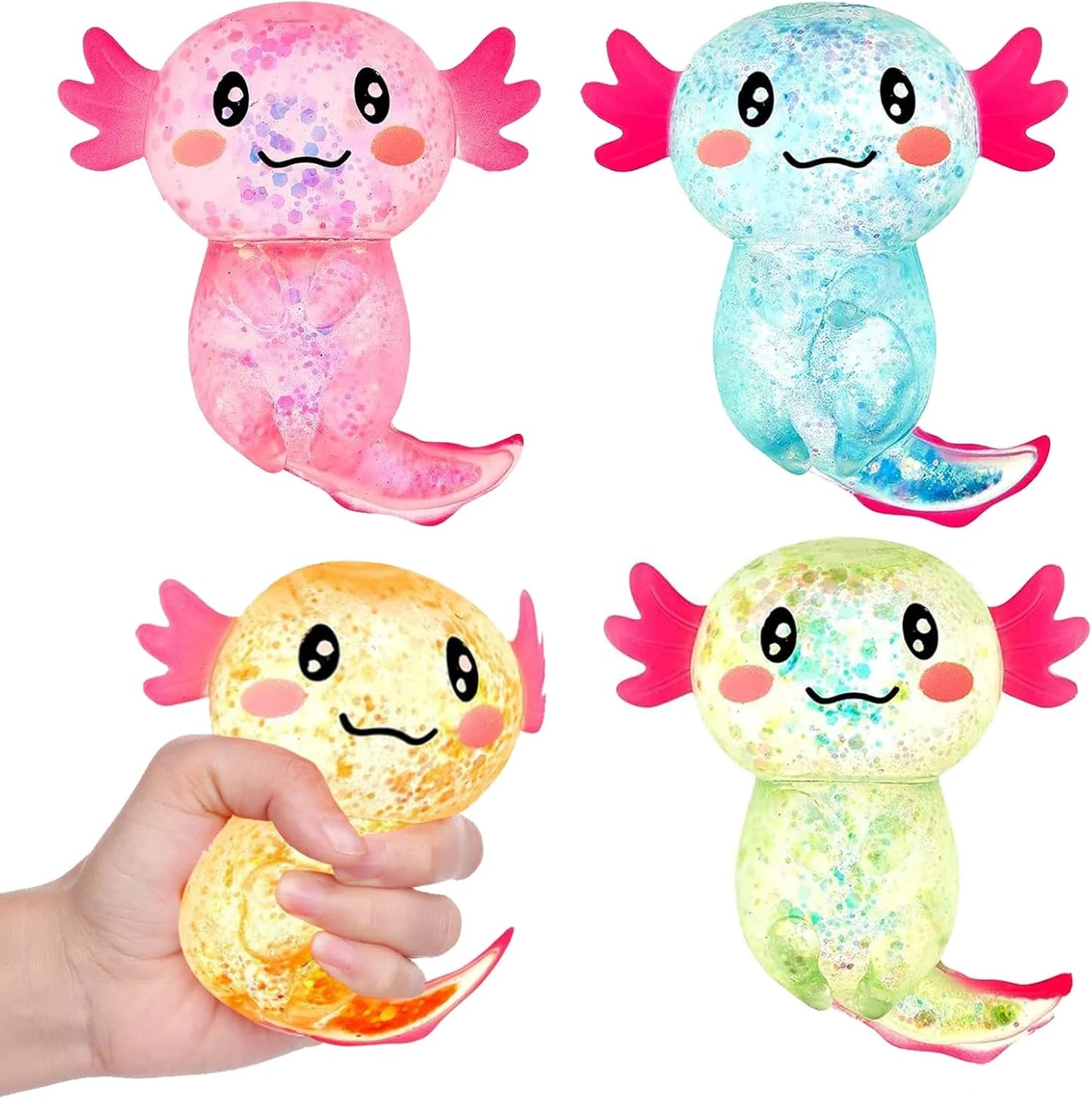 Sezua Squishy Fidget Stress Ball - 4 Pack Taba Squishies Squeeze Sensory Axolotl Toys, Axolotl Squishy Sugar Stress Ball Toys for Adults Kid, Glitter Salamander Gift for Party Birthday Christmas - US 6733