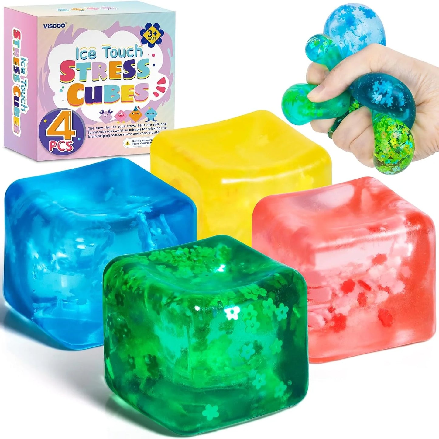 4 Pack Fidget Toy Stress Cube, Slow Rise Stress Balls Ice Cube,Mellow and Chill,Square Squishy Balls for Anxiety Relief,Cube Squishy,Prize Box Toys for Kids Classroom Birthday Gifts Party Favors - US 8464