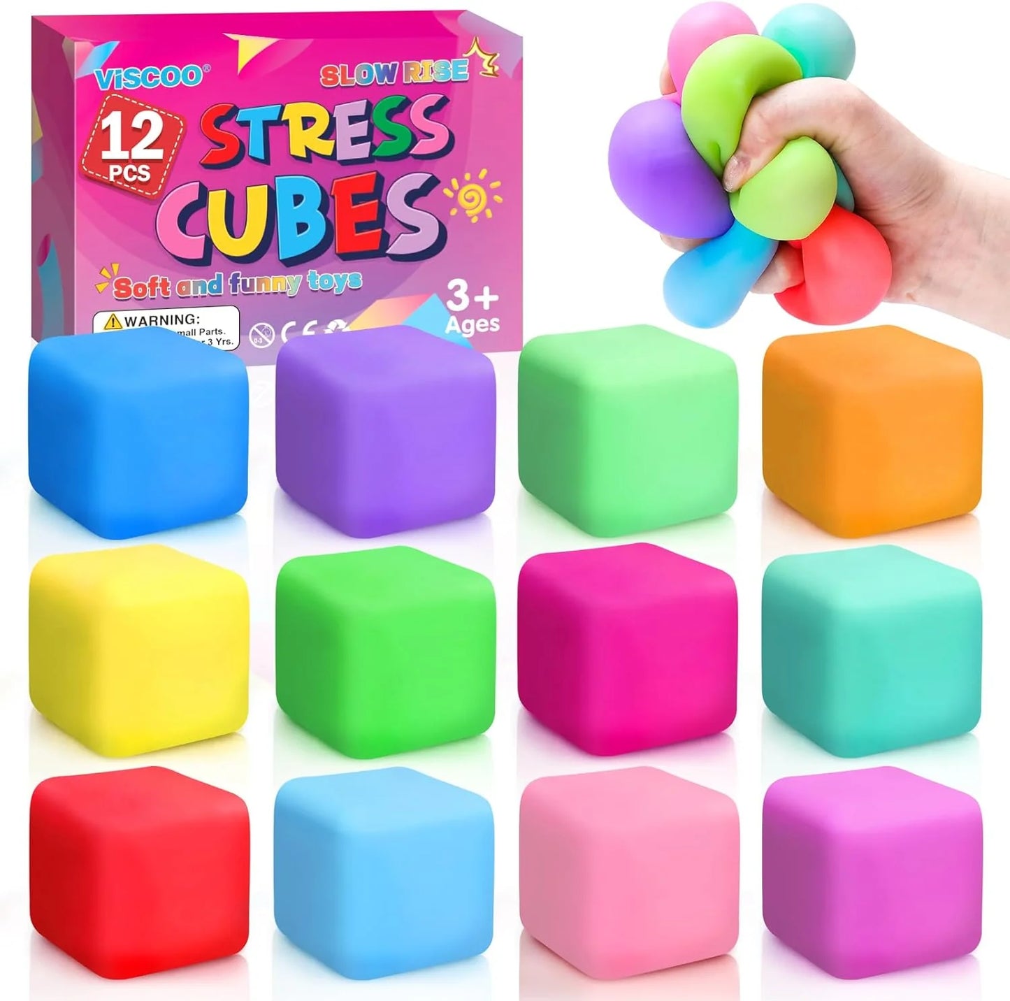 12 Pack Slow Rising Stress Cube, Dough Stress Balls Squishy Fidget Toys for Anxiety Relief, Soft Fidget Cube, Pull Stretch Squishy Toys for Classroom Prize, Party Favors for Kids Adults - US 1791