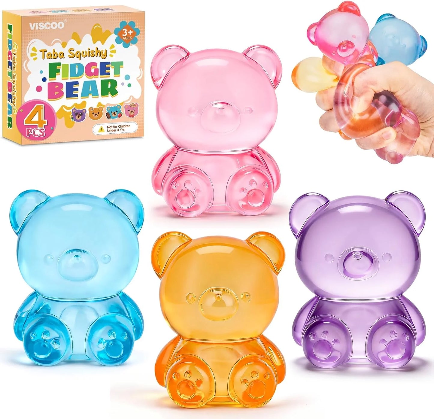 VISCOO 4 Pack Stress Bear Squishy Ball, Sugar Filled Gummy Bear Toys, Taba Squishy Toys for Kids Stress Relief, High Density Stress Balls for Calming - Soft Squeeze Balls Party Favors Birthday Gifts - US 7745