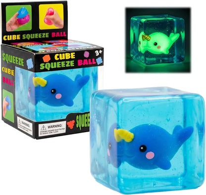 Cube Squeeze Ball Stress Fidget Toy, Glow in the Dark Gel Filled Ice Cube, Slow Rising Squishy Sensory Toy for Anxiety Relief, Kids and Adults (Narwhal) - US 6539