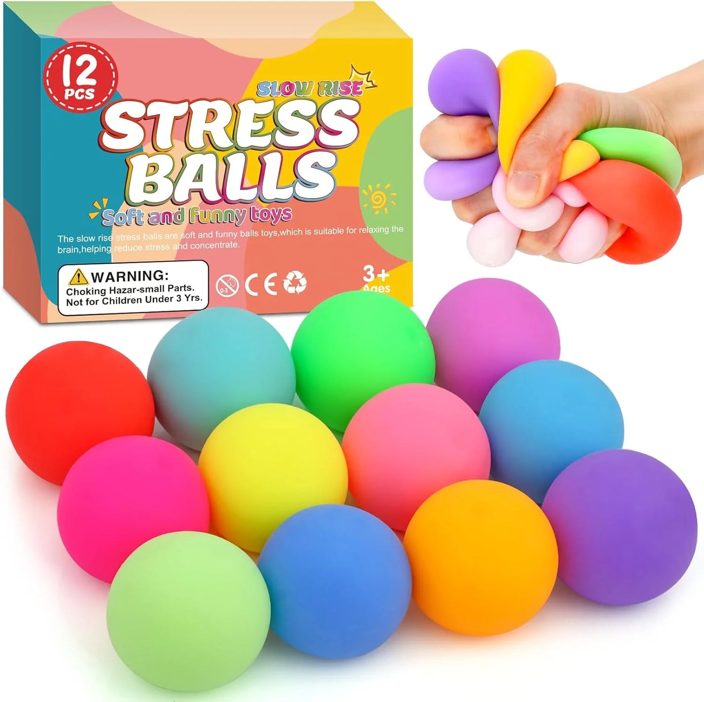 12 Pack Slow Rising Stress Ball,Stress Balls for Kids Adults,Stretchy Fidget Toys for Stress Relief,Hand Therapy Sensory Squishy Ball, Squishy Toys for Kids, Classroom Prize Box Party Favors - US 3395