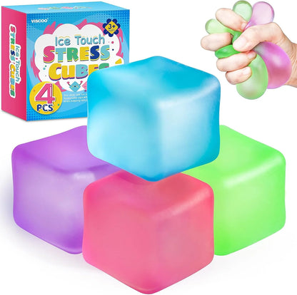 4 Pack Stress Cube, Slow Rising Ice Cube Stress Balls for Adults Kids, Sensory Fidget Toy for Anxiety Relief, Square Shape Squishy Balls for Classroom Prizes, Cube Squishy for Party Favors - US 3843