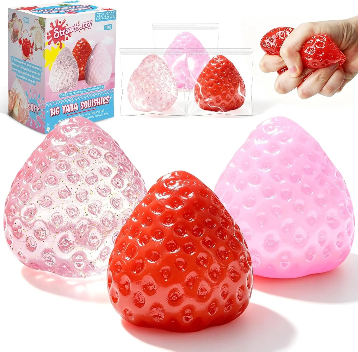 3Pcs Big Taba Squishies Strawberry, Cute Strawberry Squeeze Toys, Upgrade Fruit Squishies, Kawaii Sticky Stress Toy, Clear Fidget Toys, Valentines Gift for Kids, Teen Boys Girls Birthday Gift Ideas - US 8811