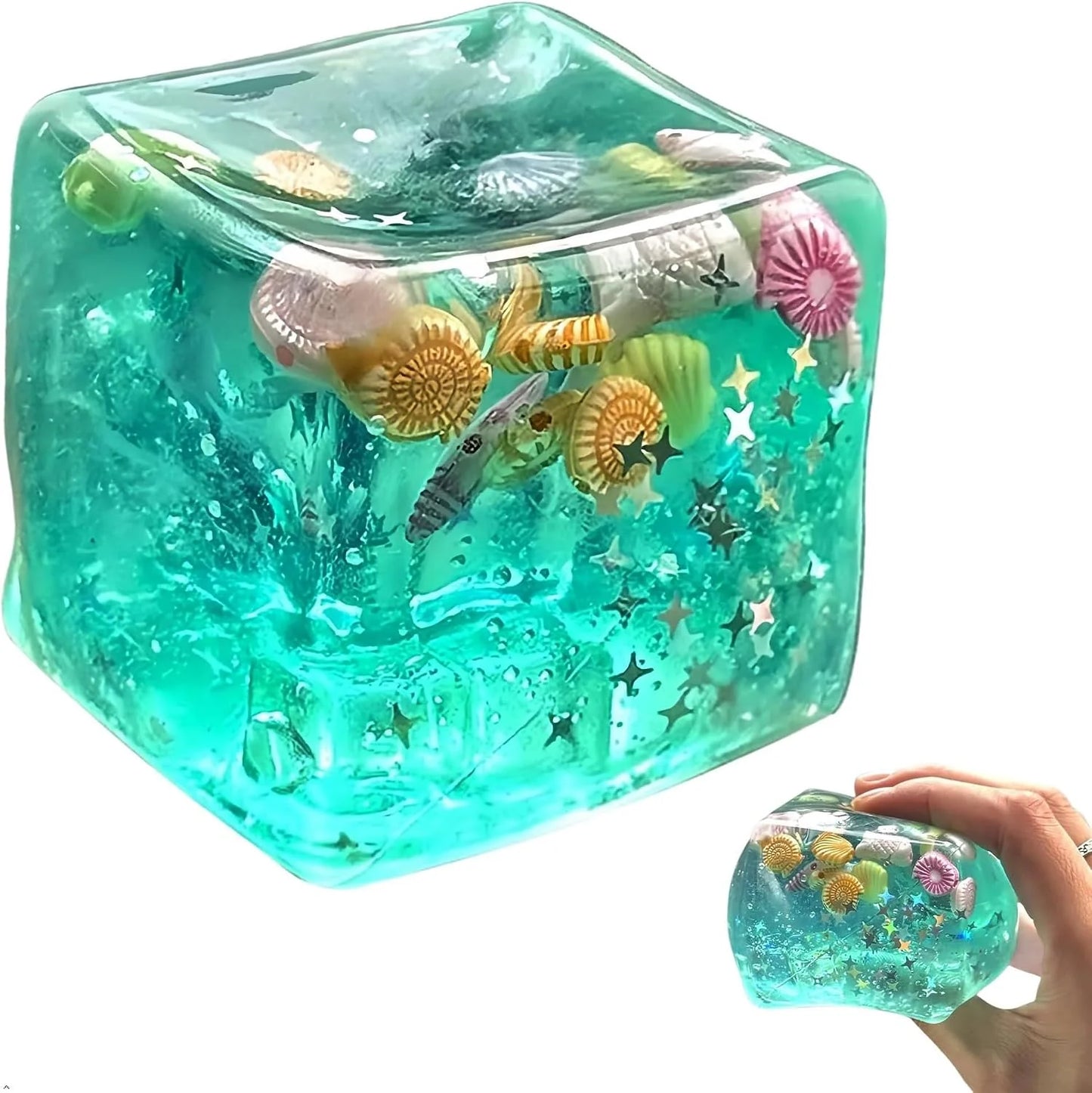 Ice Cube Cube Fidget Toys - Sensory Toys for Kids with Real Sea Shells, Squishy Fidget Toy for Kids & Adults | Non-Toxic Squeeze Ball for Anxiety, Focus & Calm for School, Office - US 4725