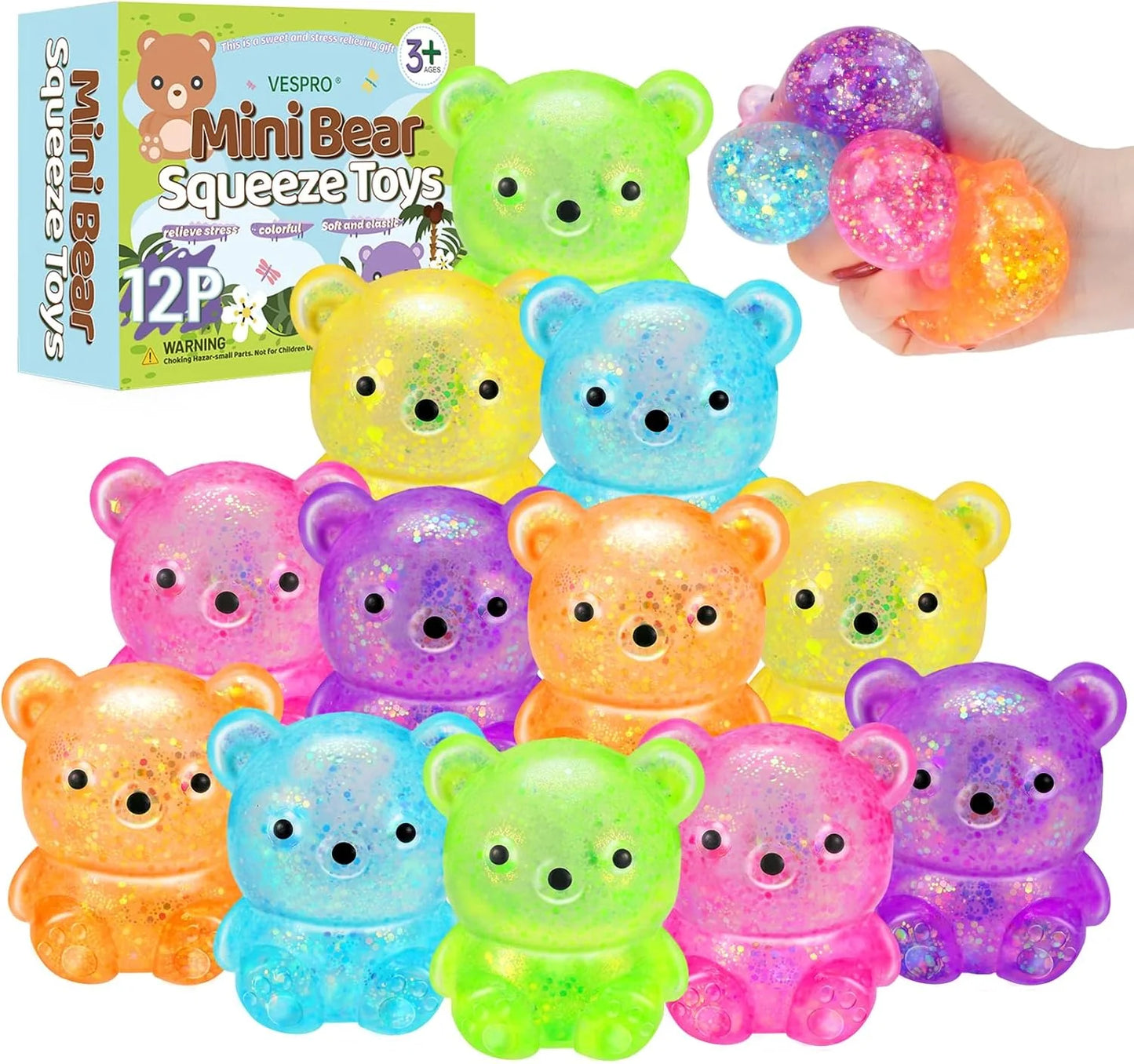 12Pack Fidget Toys Squishy ，Cute Bear Squeeze Ball , Bulk Squishy Fidget Squeeze Play Toys，Pull Stretch Classroom Prize Party Favors Toys for Kids - US 5916