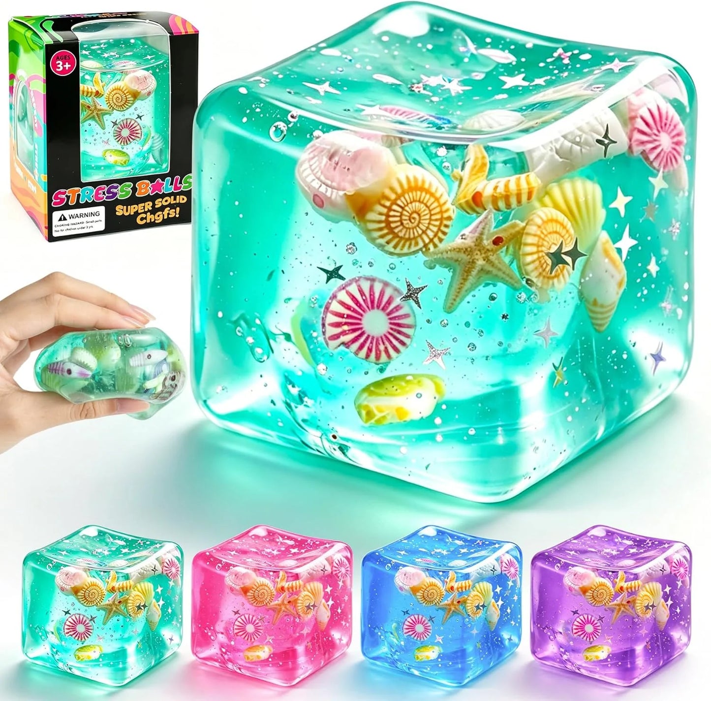 1Pc Ice Cube Squishy Stress Balls,Slow Rising Sensory Fidget Toy with Marine Shells Inside Square Soft Sensory Anxiety Relief Squeeze Cube for Adults Teens Kids(Green) - US 5235