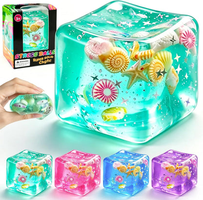 1Pc Ice Cube Squishy Stress Balls,Slow Rising Sensory Fidget Toy with Marine Shells Inside Square Soft Sensory Anxiety Relief Squeeze Cube for Adults Teens Kids(Green) - US 5235