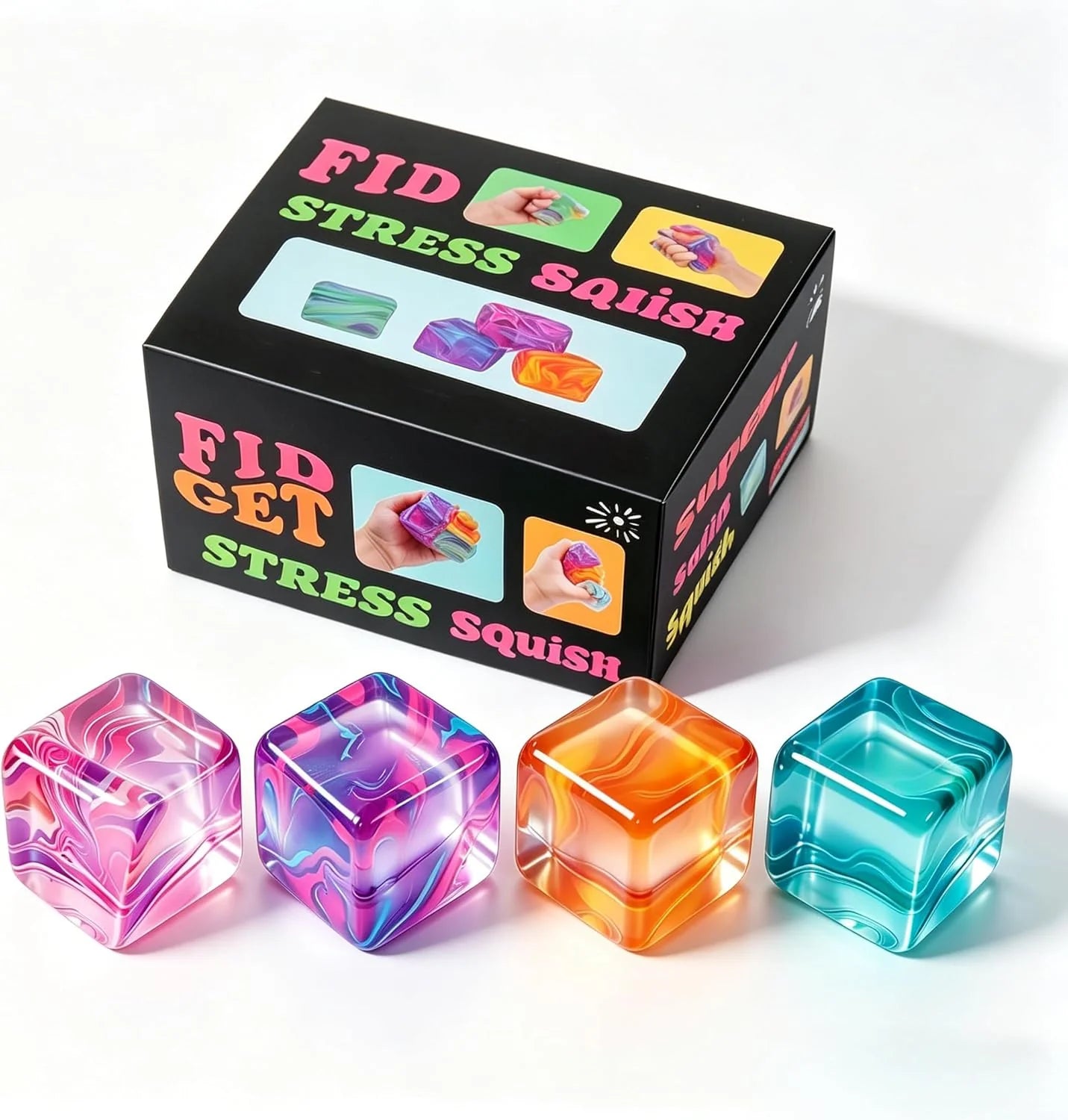 4Pack Fidget Toys Mini Squishy Stress Cube, Stress Balls for Kids, Adults Squishies Anxiety Stress Relief, Ice Squishy Cube Sugar Balls, Sensory Toys for Kids with Autism, Fidgets for Classroom Prize - US 8605