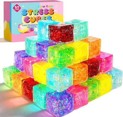 24 Pack Slow Rising Ice Cube Squishy Stress Balls，Stress Cube for Adults Kids , Bulk Taba Squish Fidget Toys, Square Squeeze Toy for Classroom Prizes, Mini Nice Cube Squishy for Party Favors - US 2053