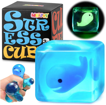 Stress Cube Squishy Fidget Toys Kids Adults - Glow in The Dark Whale Squish Toy Sensory Toys for Kids with Autism Stress Balls for Kids Squeeze Toys for Anxiety Stress Relief Easter Basket Stuffers - US 4809
